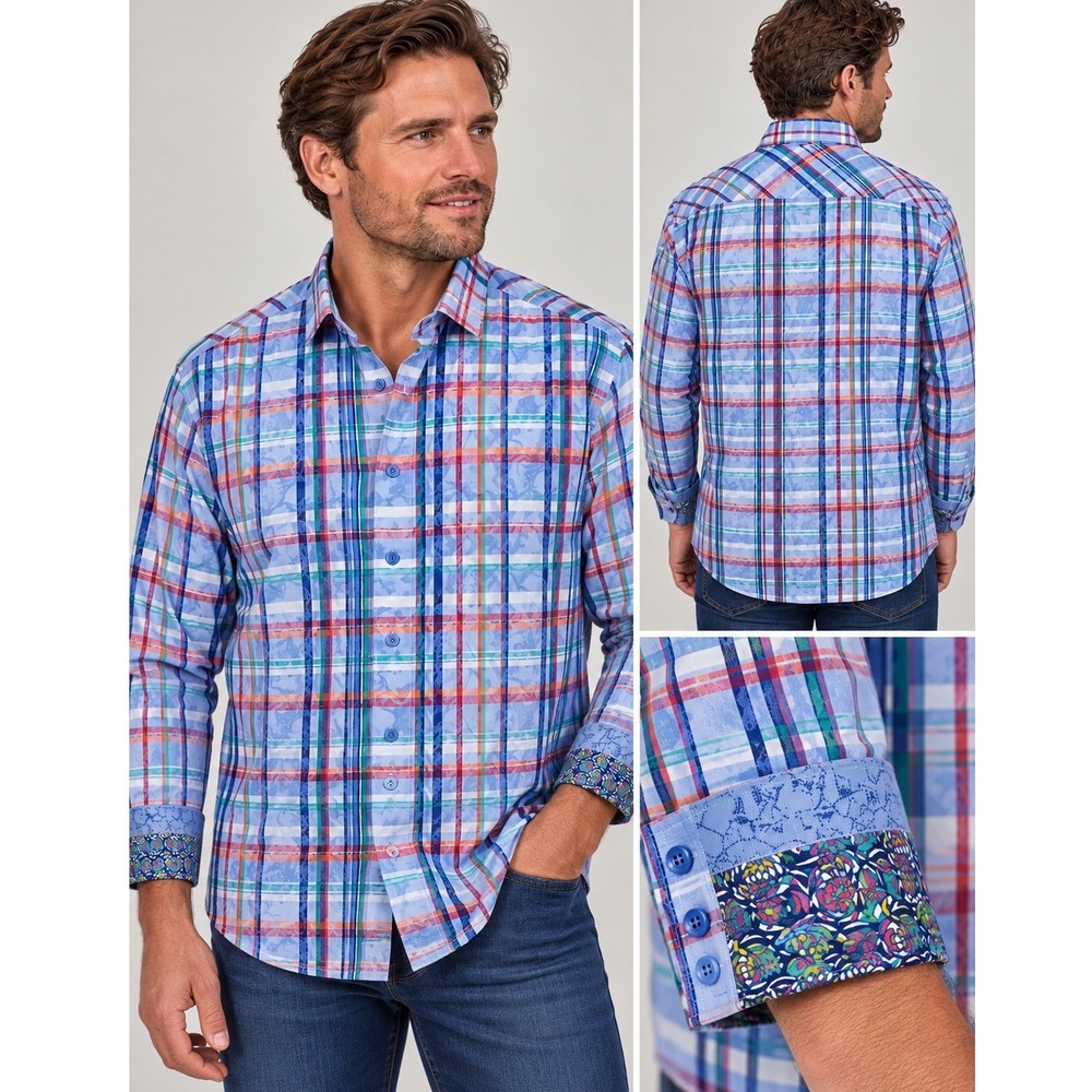 Robert Graham Mens Blue Plaid Skull Jacquard Long Sleeve Button Down Shirt Large